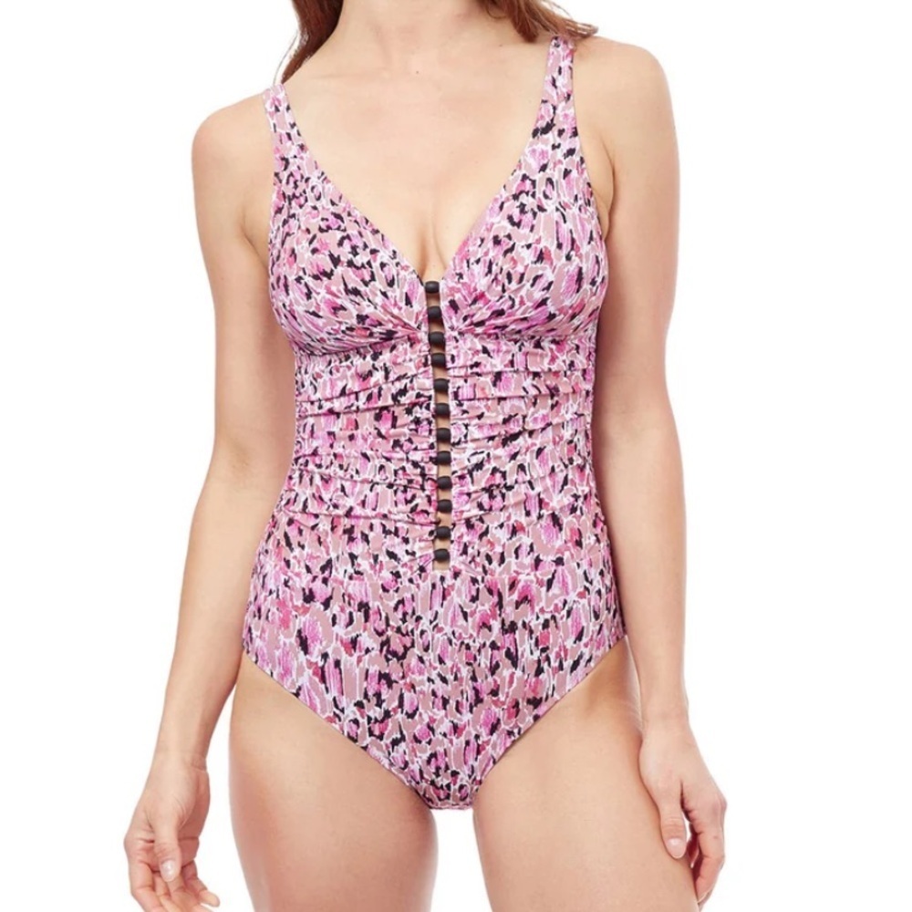 PROFILE BY GOTTEX PRETTY WILD D-CUP V-NECK SHIRRED ONE PIECE SWIMSUIT Size 16D